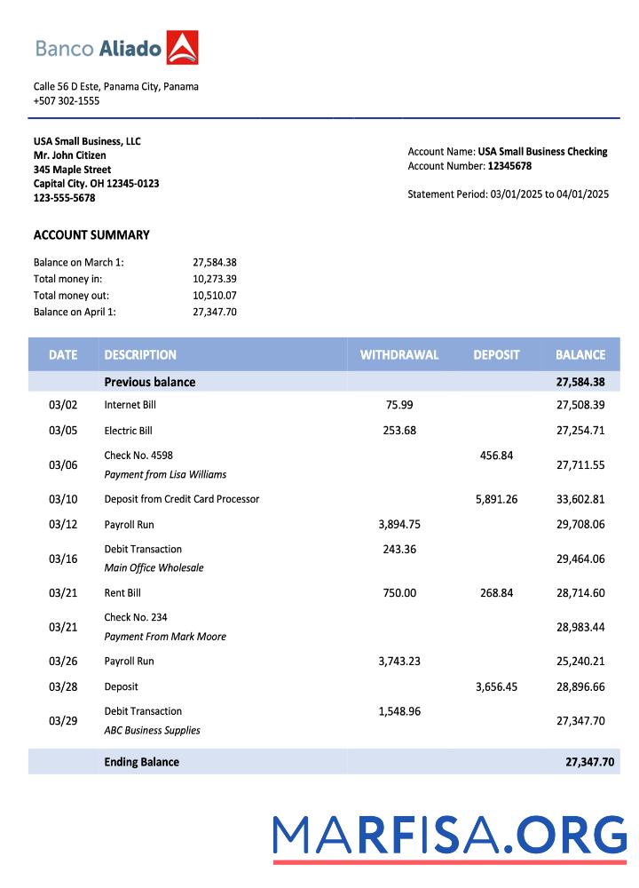 Realistic Panama Banco Aliado company checking account statement Word and PDF template